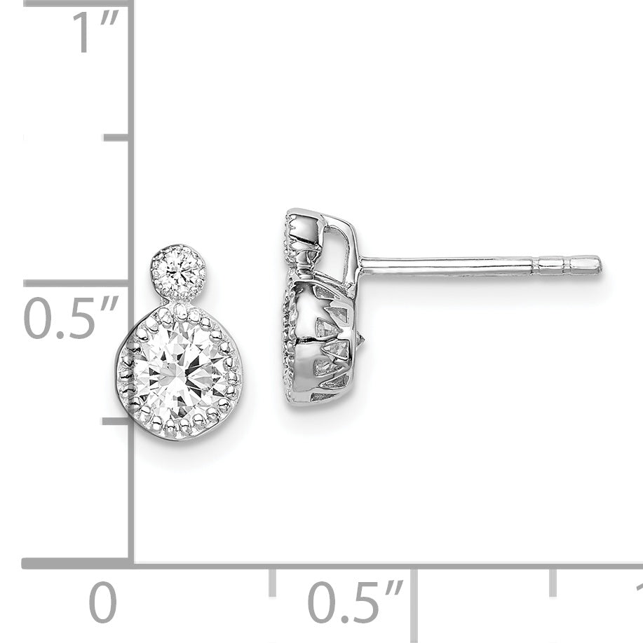 Sterling Silver RH-plated Polished & Beaded Double CZ Circle Post Earrings