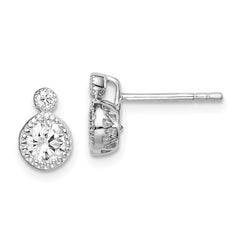 Sterling Silver RH-plated Polished & Beaded Double CZ Circle Post Earrings