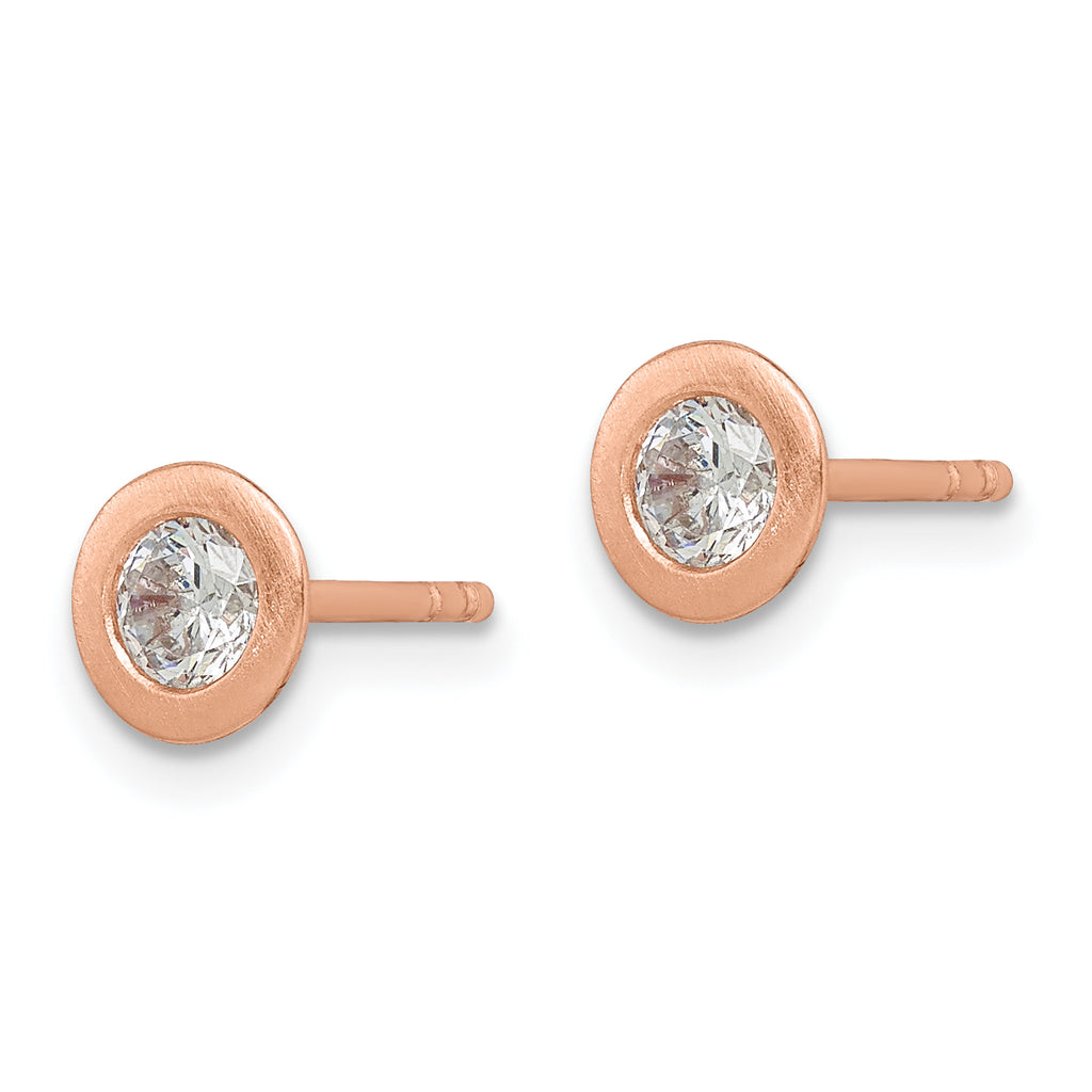 Sterling Silver Rose-tone Brushed CZ Post Earrings