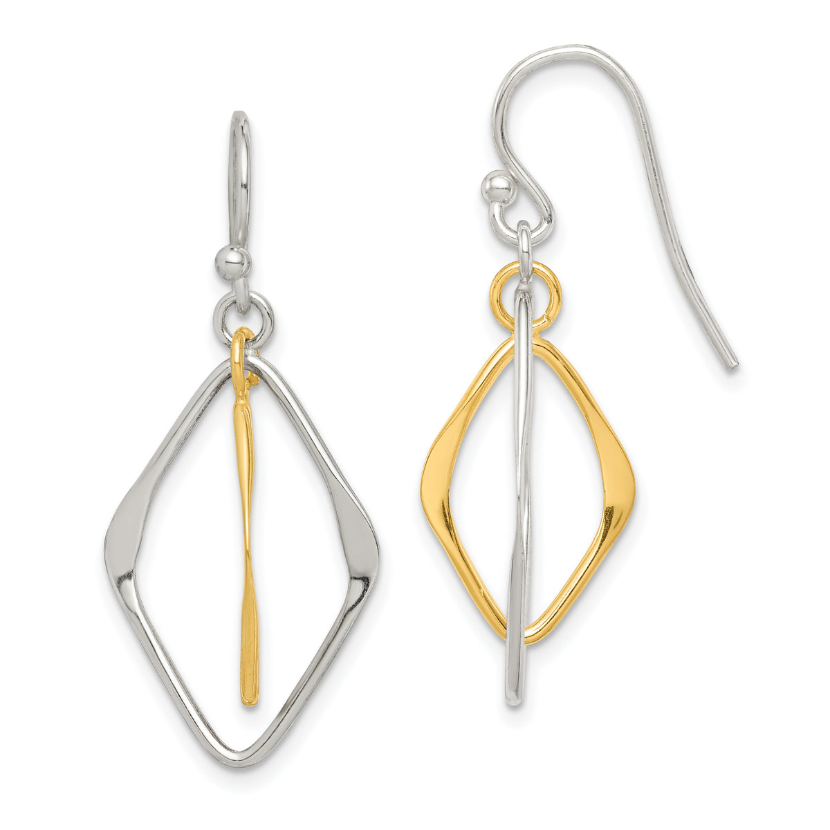 Sterling Silver & Gold Tone Polished Diamond Shaped Dangle Earrings
