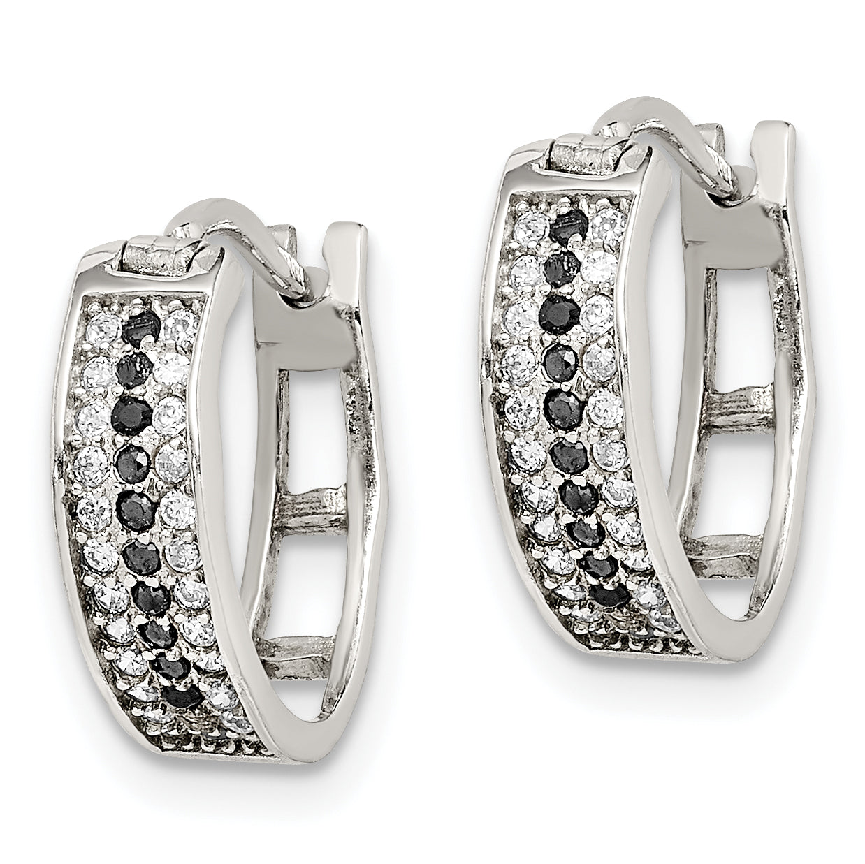 Sterling Silver RH-pltd Polished Black/White CZ 4mm Round Hoop Earrings Secondary image