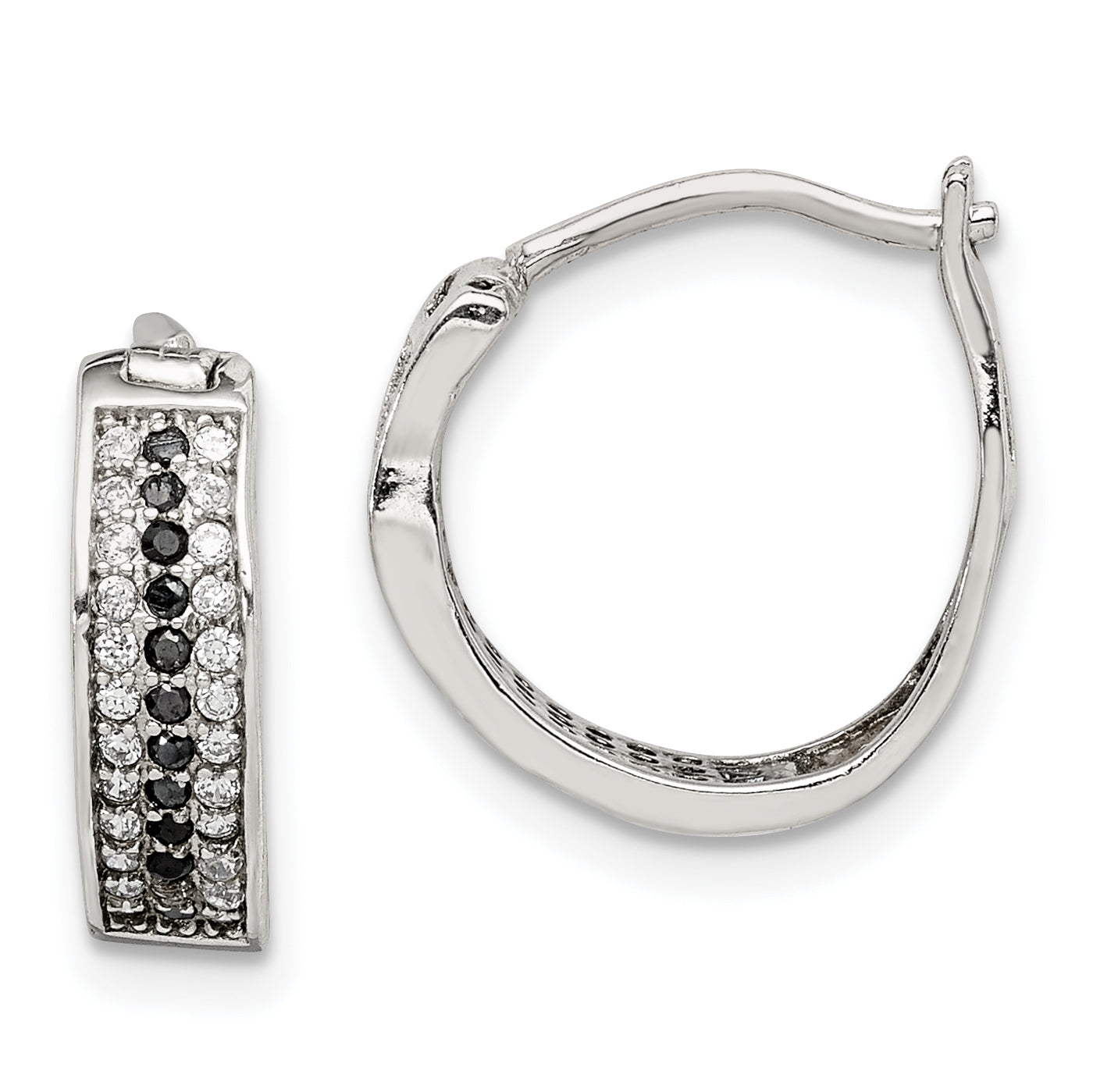 Sterling Silver RH-pltd Polished Black/White CZ 4mm Round Hoop Earrings