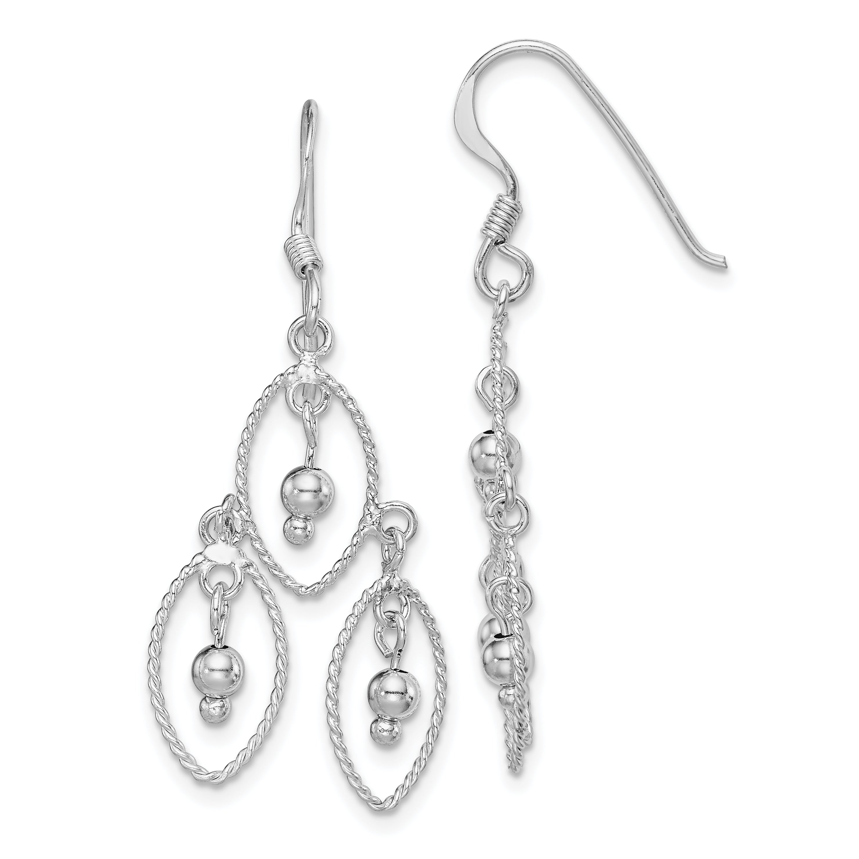 Sterling Silver Rhodium-plated Polished Textured & Beaded Dangle Earrings