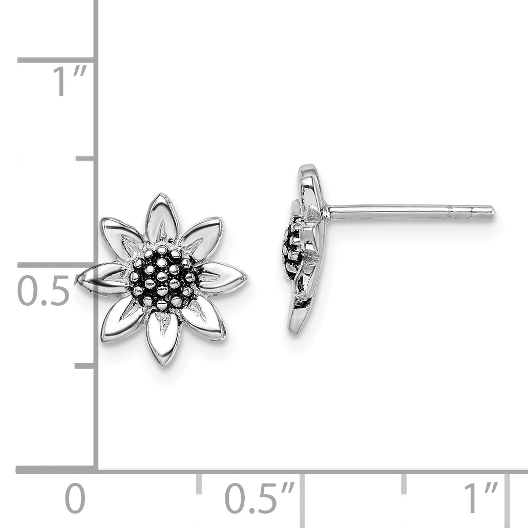 Sterling Silver Rhodium-plated Sunflower Post Earring