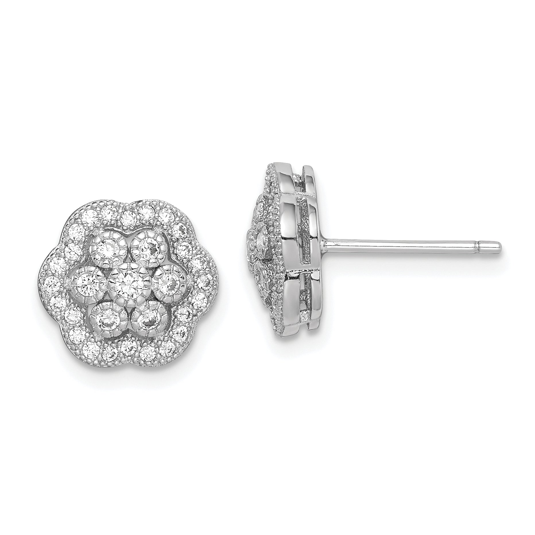Sterling Silver Rhodium-plated Polished CZ Flower Post Earrings Main image