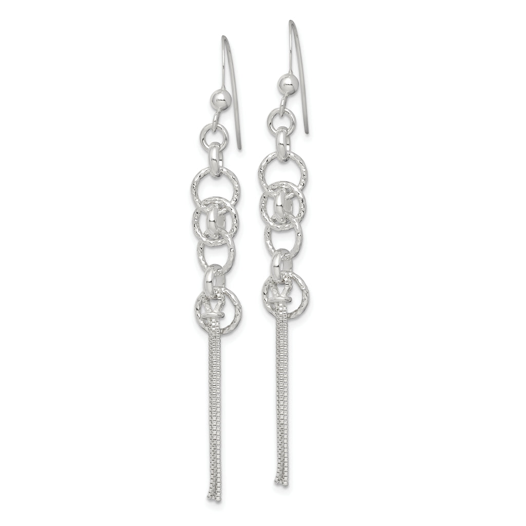 Sterling Silver Polished & D/C Circle & Multi-strand Chain Dangle Earrings