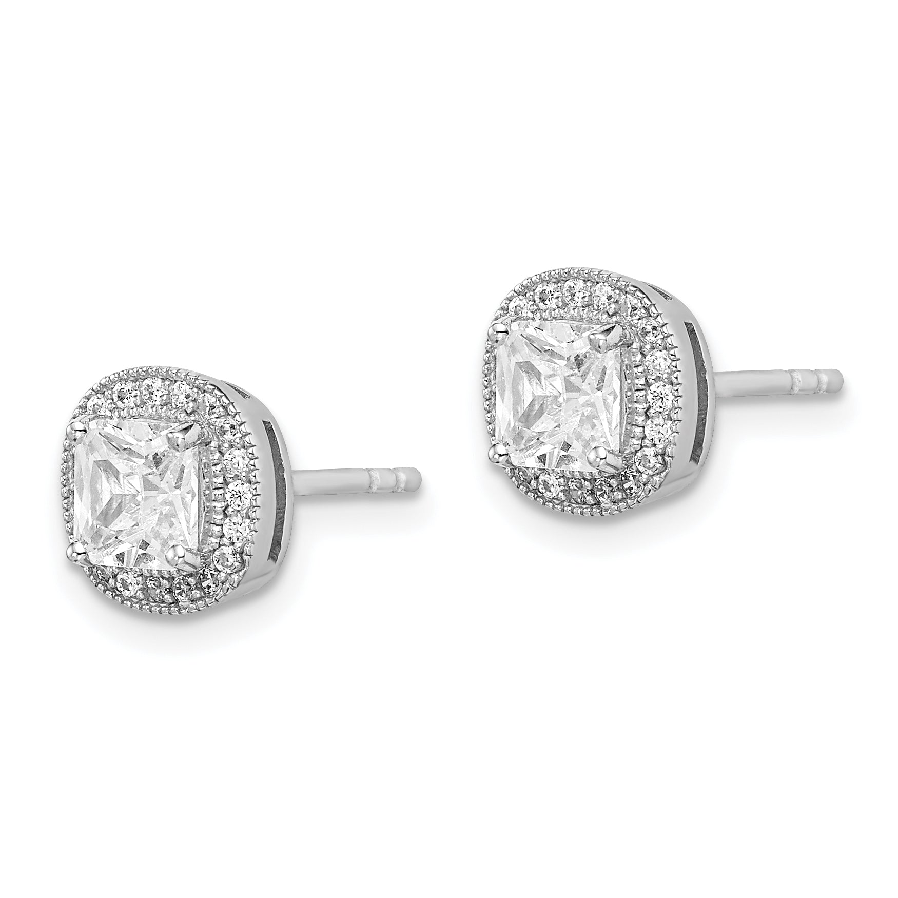 Sterling Silver RH-plated Polished & Textured 5mm CZ Halo Post Earrings Secondary image