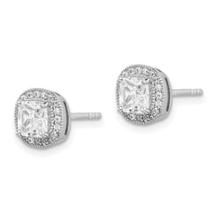 Sterling Silver RH-plated Polished & Textured 5mm CZ Halo Post Earrings