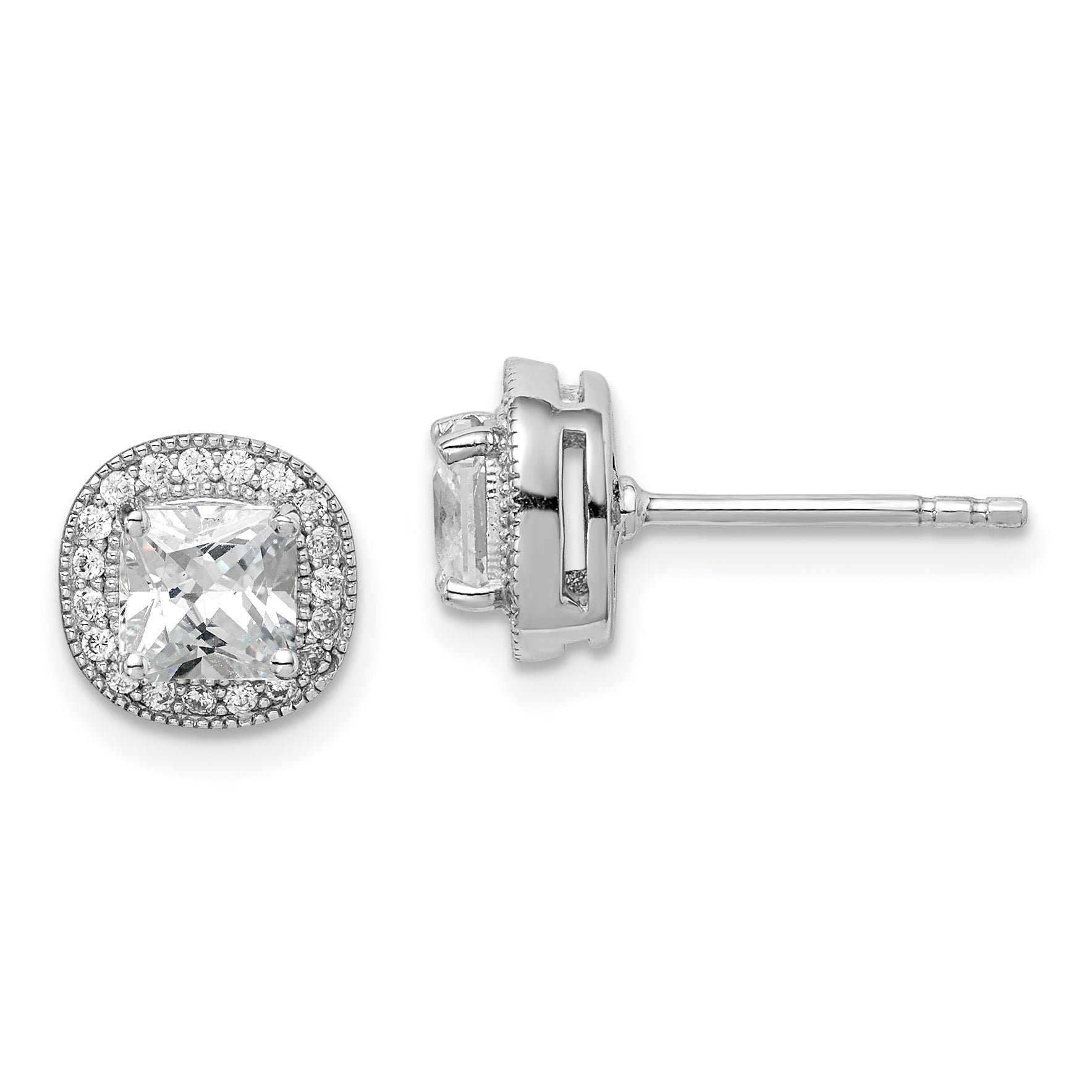 Sterling Silver RH-plated Polished & Textured 5mm CZ Halo Post Earrings Main image