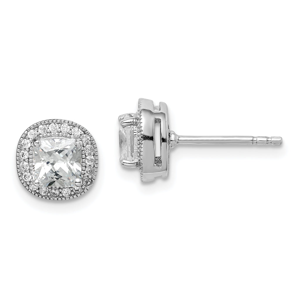 Sterling Silver RH-plated Polished & Textured 5mm CZ Halo Post Earrings