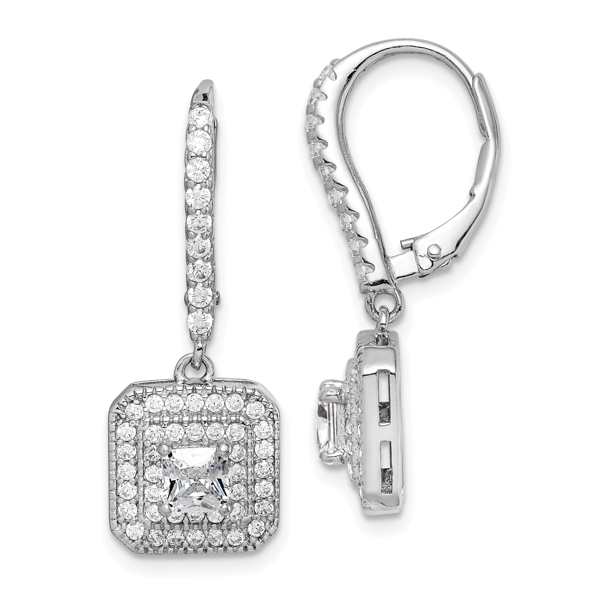 Sterling Silver Rhodium-plated Polished CZ Square Leverback Earrings Main image