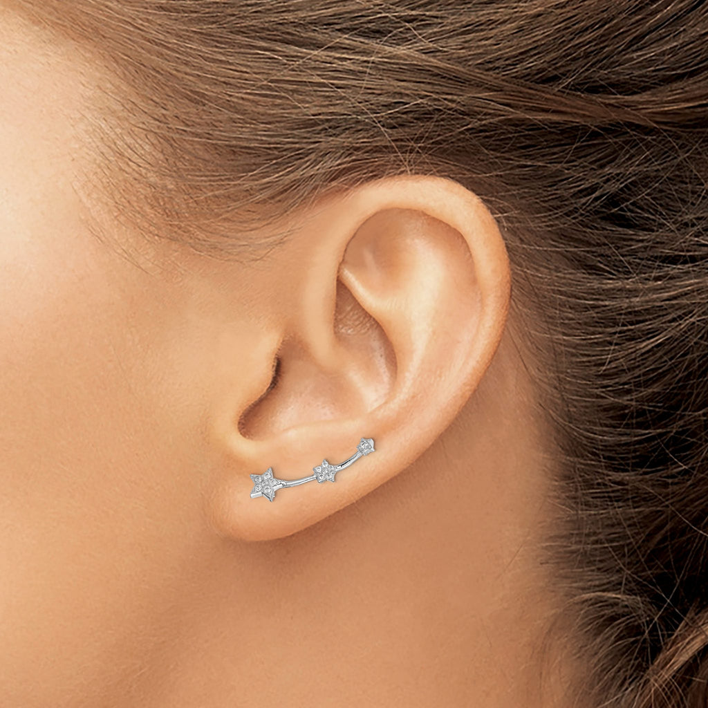 Cubic Zirconia Three Star Ear Climber Earrings in Sterling Silver - Sophia Jewelers