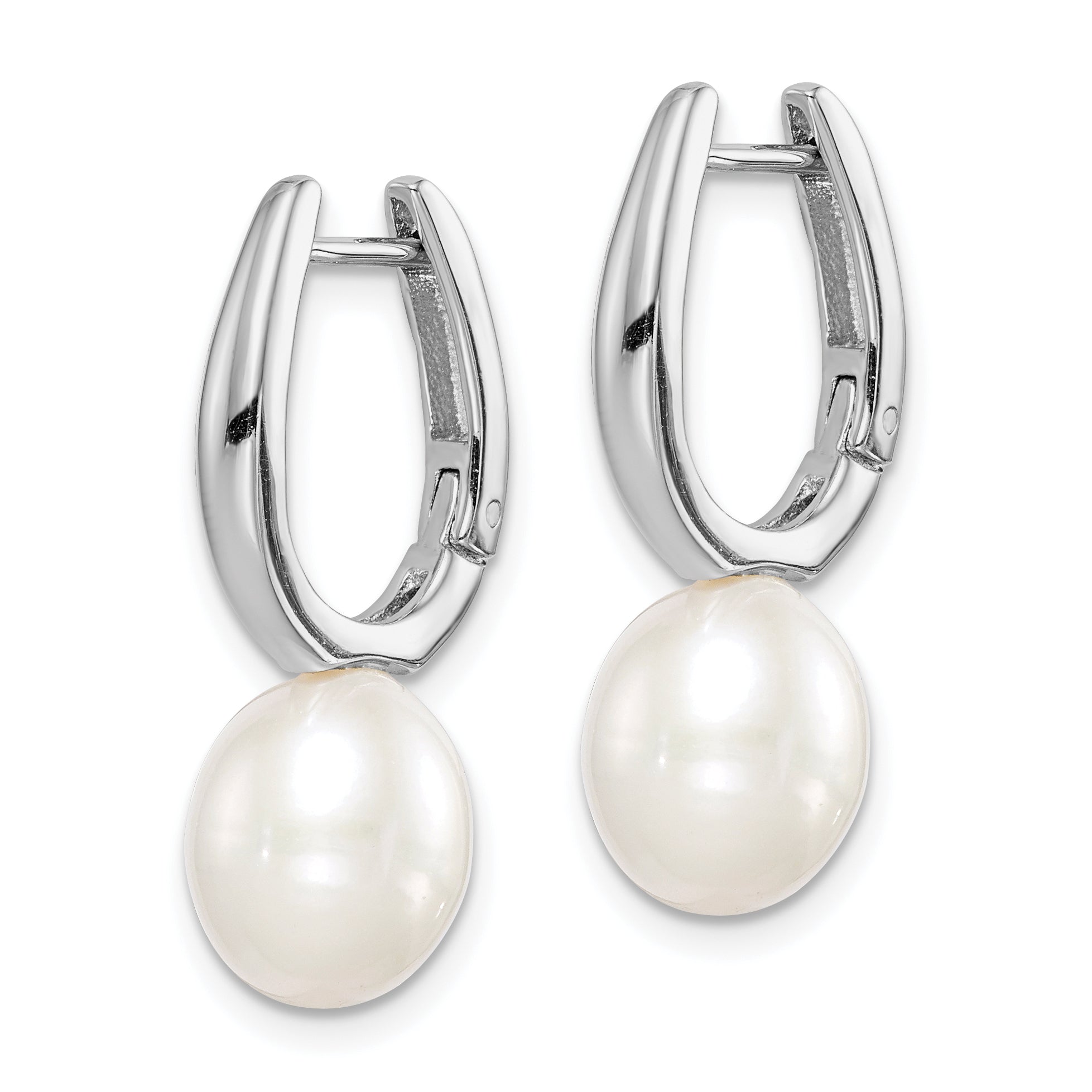 Sterling Silver Rhodium-plated 7-8mm White Rice Freshwater Cultured Pearl Dangle Hoop Earrings