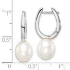 Sterling Silver Rhodium-plated 7-8mm White Rice Freshwater Cultured Pearl Dangle Hoop Earrings