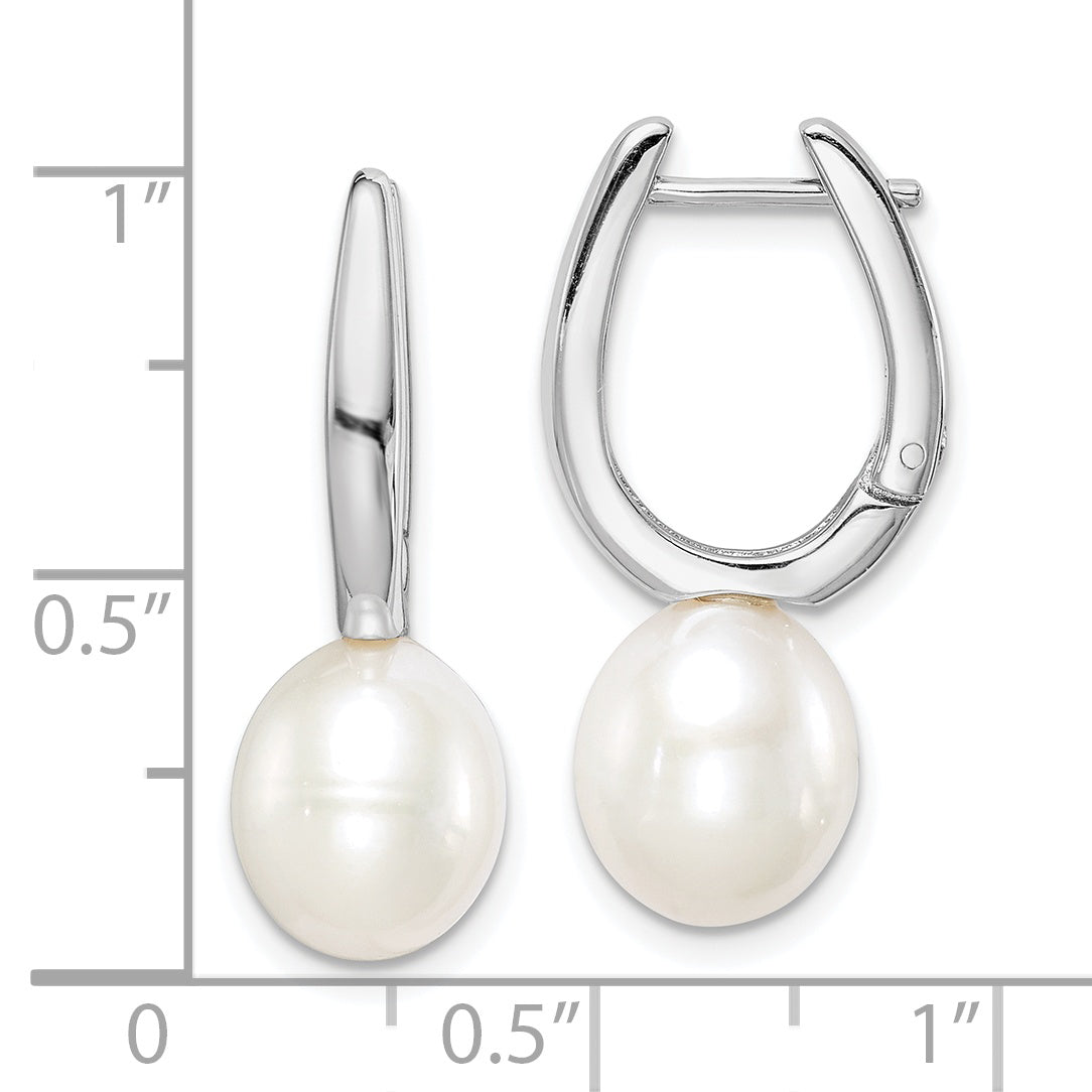 Sterling Silver Rhodium-plated 7-8mm White Rice Freshwater Cultured Pearl Dangle Hoop Earrings