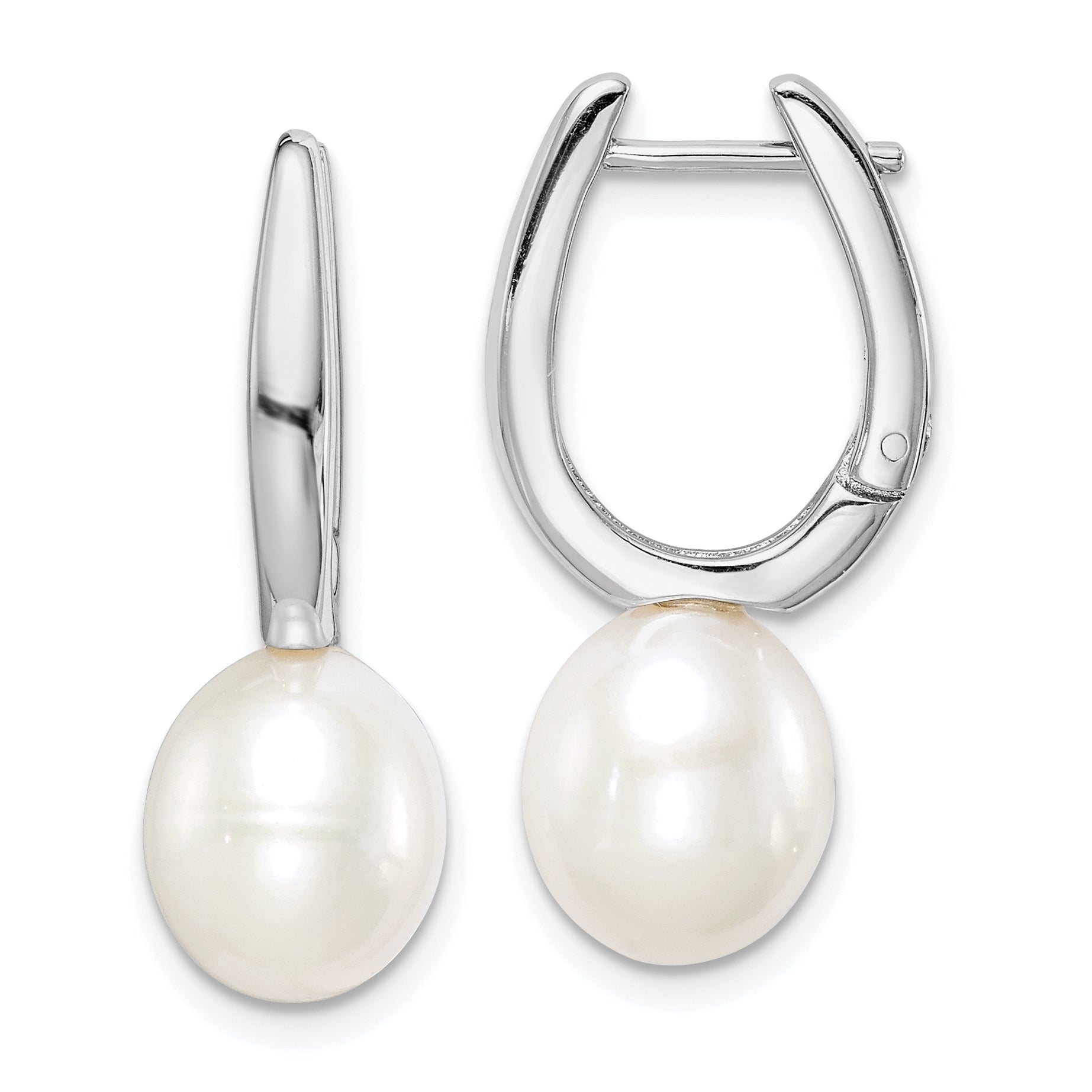 Sterling Silver Rhodium-plated 7-8mm White Rice Freshwater Cultured Pearl Dangle Hoop Earrings Main image