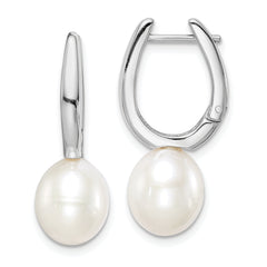 Sterling Silver Rhodium-plated 7-8mm White Rice Freshwater Cultured Pearl Dangle Hoop Earrings