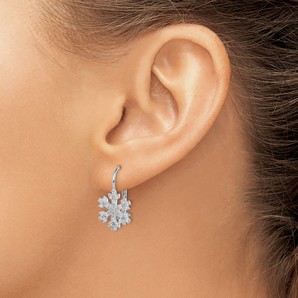 Cubic Zirconia Snowflake Leverback Earrings in Sterling Silver - Sophia Jewelers