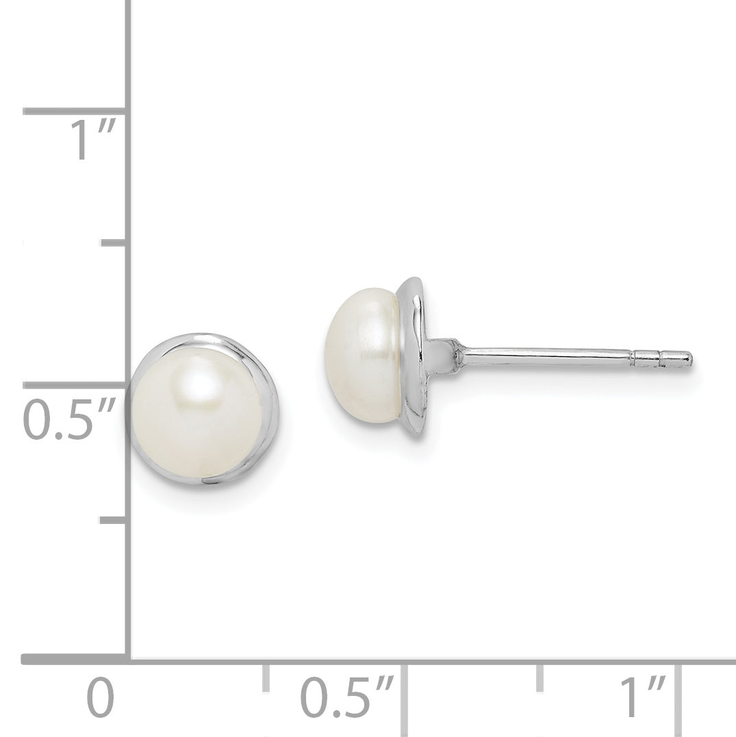 Sterling Silver Rhodium-plated 6-7mm White Button Freshwater Cultured Pearl Post Earrings