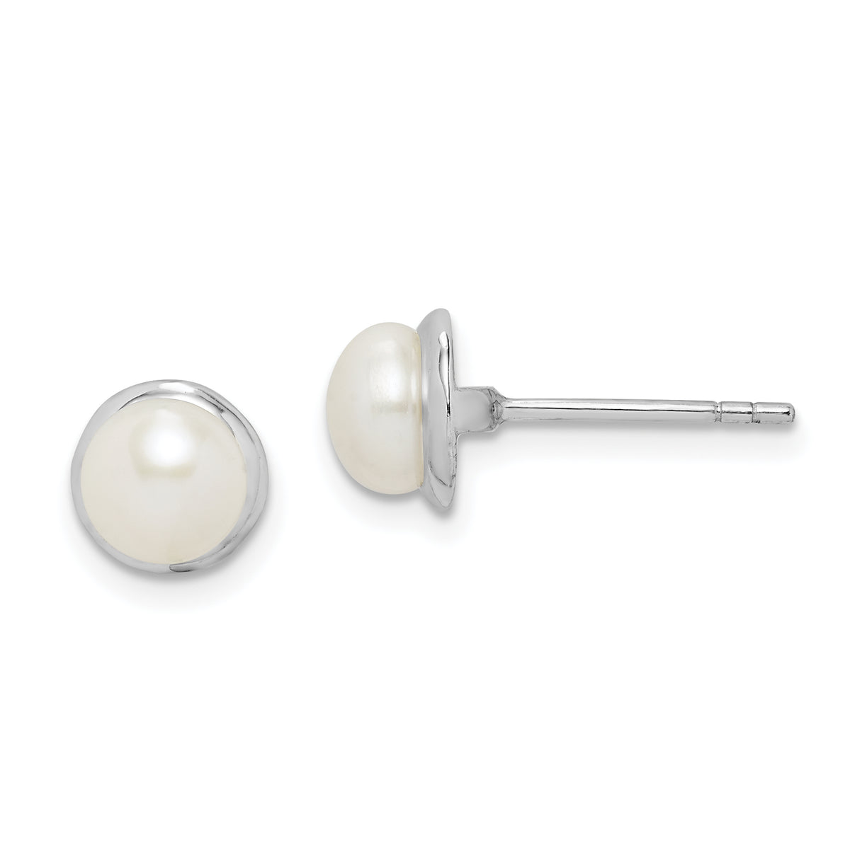 Sterling Silver Rhodium-plated 6-7mm White Button Freshwater Cultured Pearl Post Earrings
