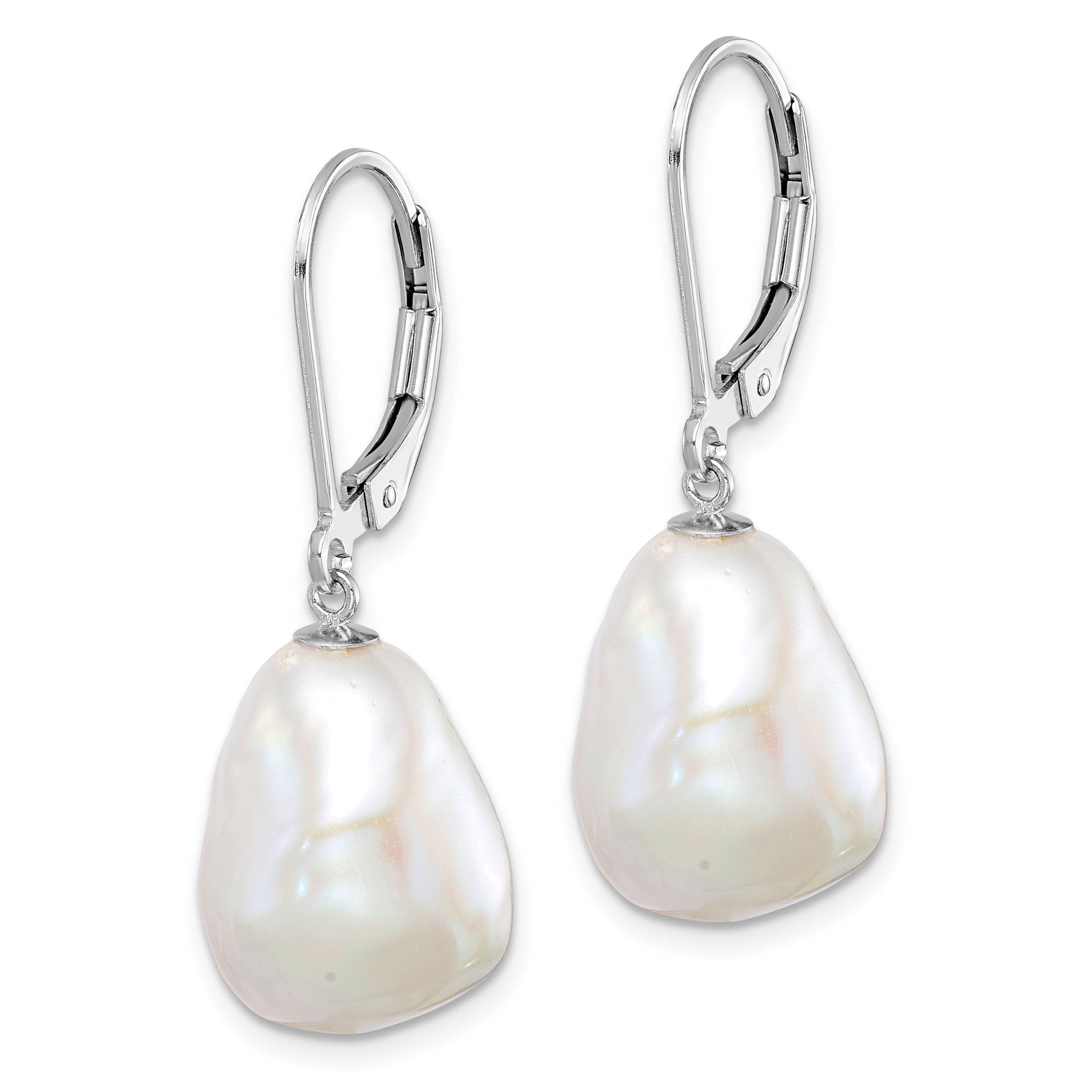 Sterling Silver Rhodium-plated 11-12mm White Keshi Freshwater Cultured Pearl Leverback Dangle Earrings Secondary image