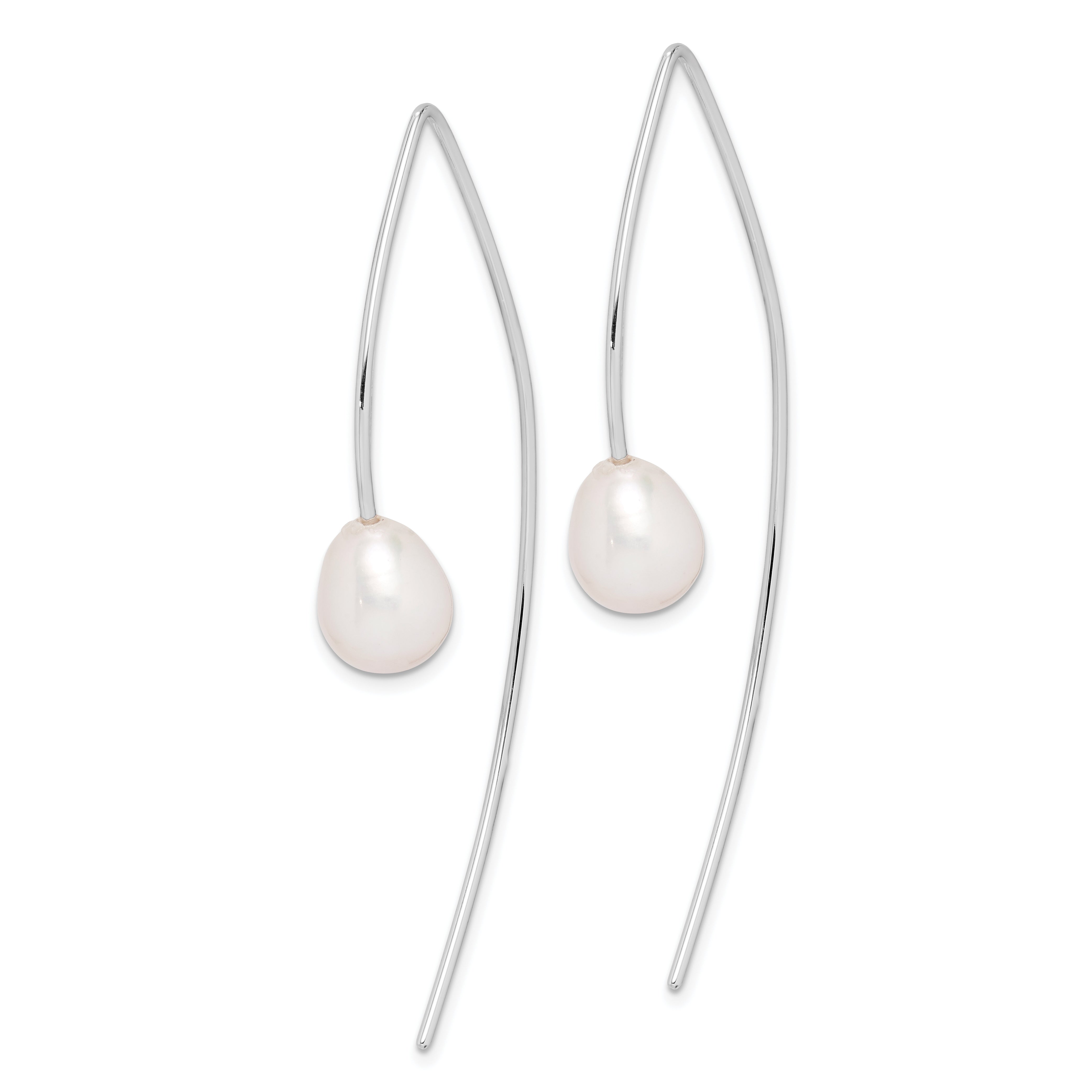 Sterling Silver Rhodium-plated 8-9mm White Teardrop Freshwater Cultured Pearl Threader Earrings