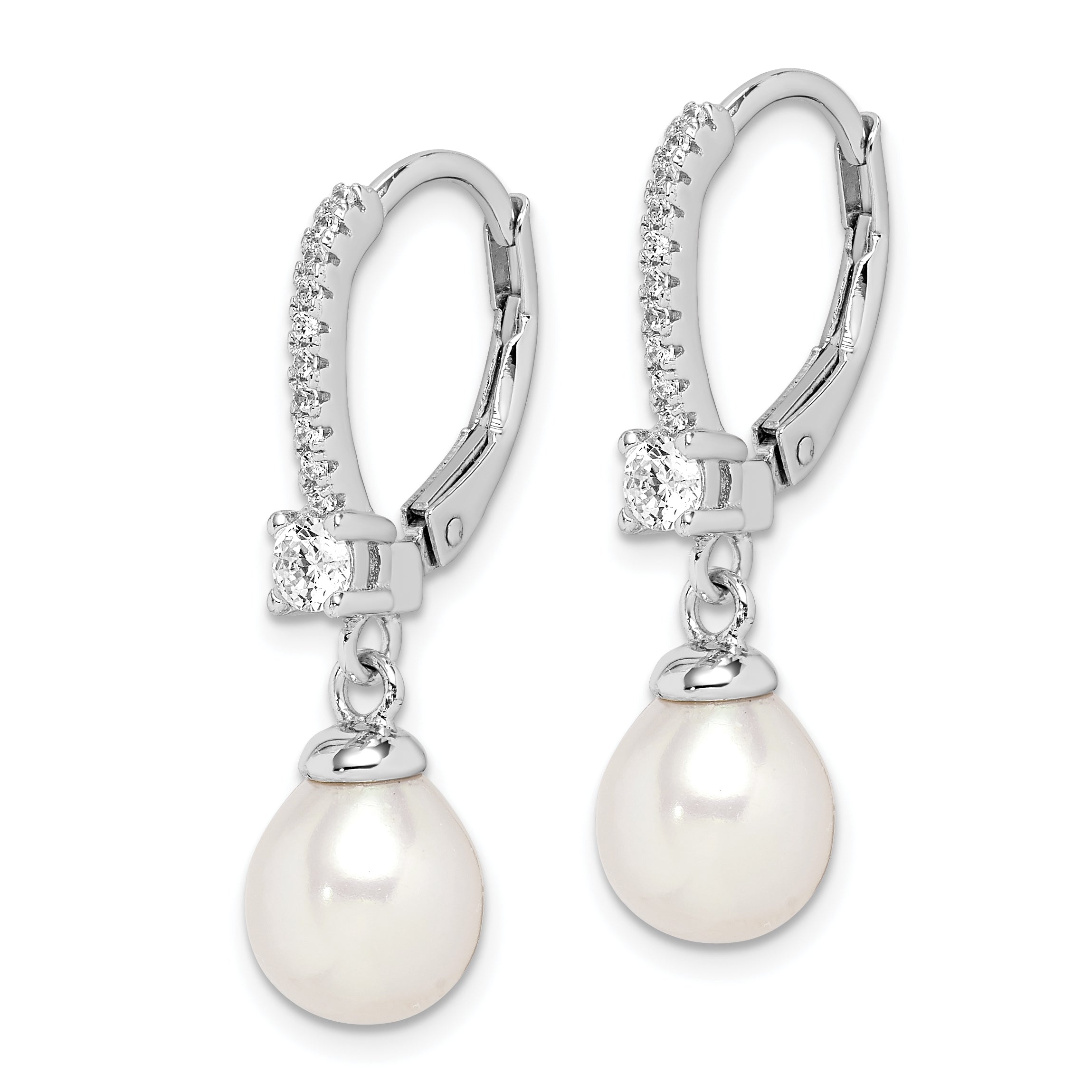 Sterling Silver Rhodium-plated 7-8mm White Teardrop Freshwater Cultured Pearl and CZ Leverback Dangle Earrings Secondary image