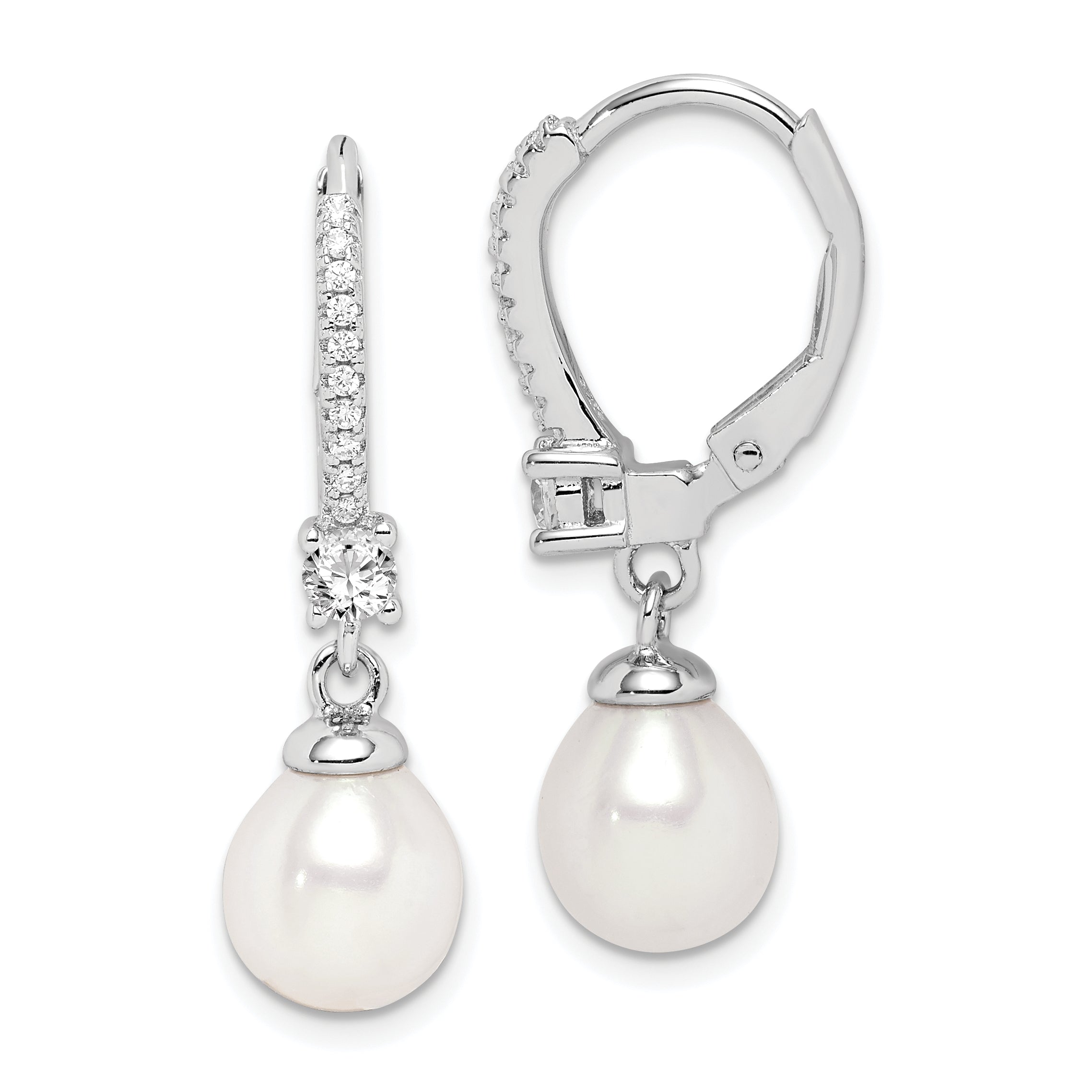 Sterling Silver Rhodium-plated 7-8mm White Teardrop Freshwater Cultured Pearl and CZ Leverback Dangle Earrings Main image