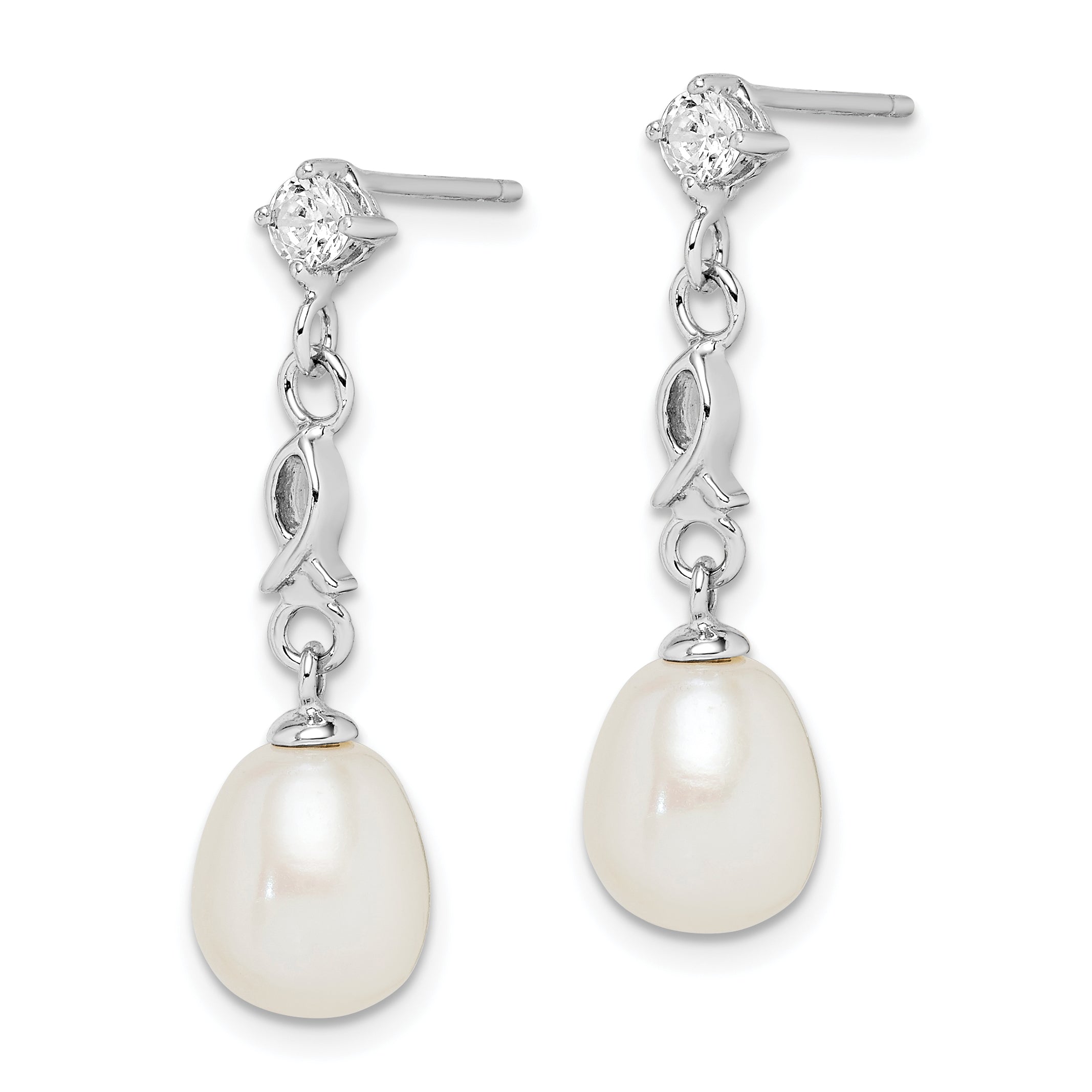 Sterling Silver Rhodium-plated 7-8mm White Rice Freshwater Cultured Pearl and CZ Post Dangle Earrings