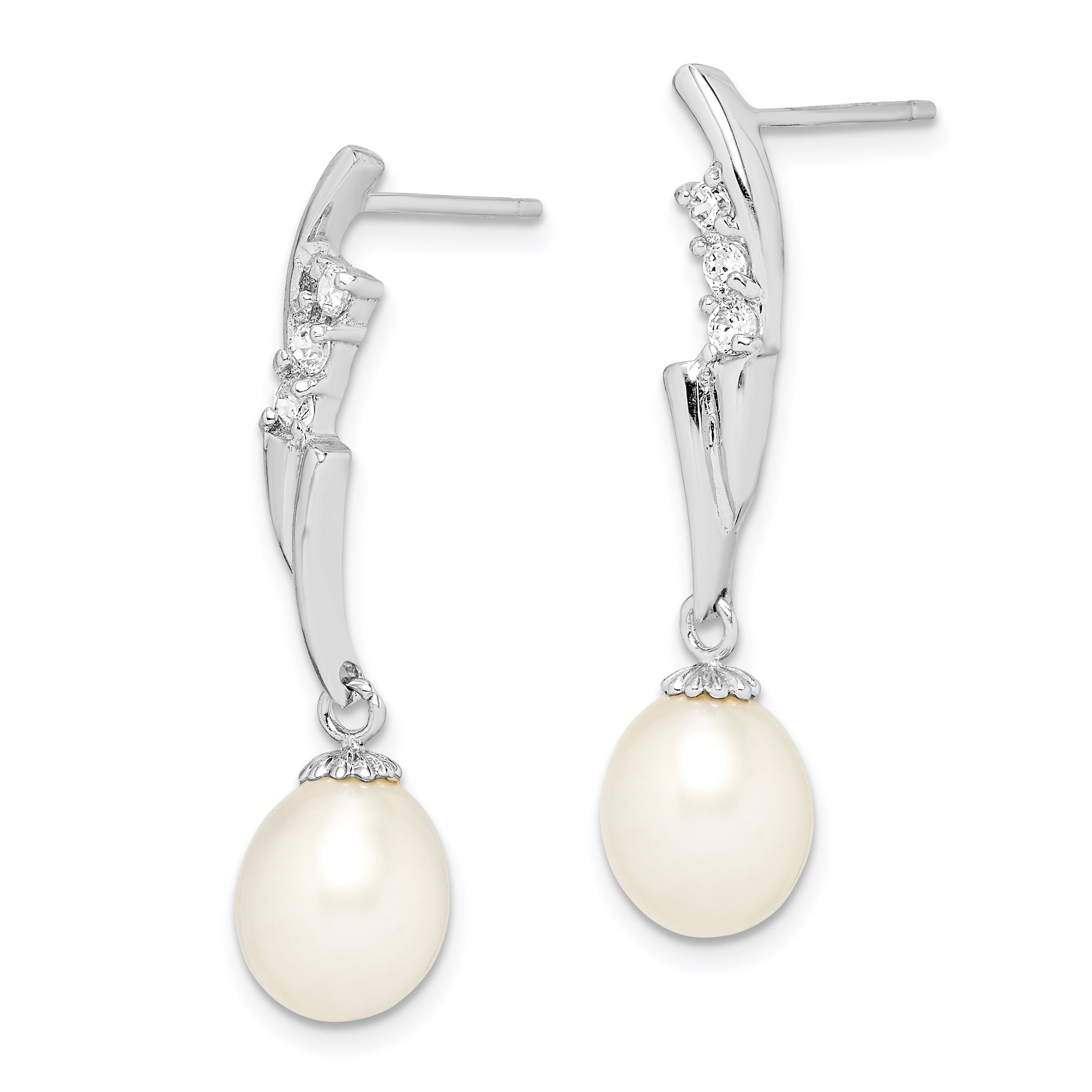 Sterling Silver Rhodium-plated 7-8mm White Rice Freshwater Cultured Pearl and CZ Post Dangle Earrings Secondary image