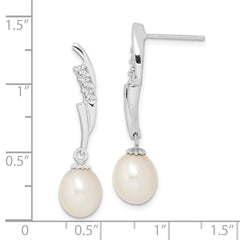 Sterling Silver Rhodium-plated 7-8mm White Rice Freshwater Cultured Pearl and CZ Post Dangle Earrings