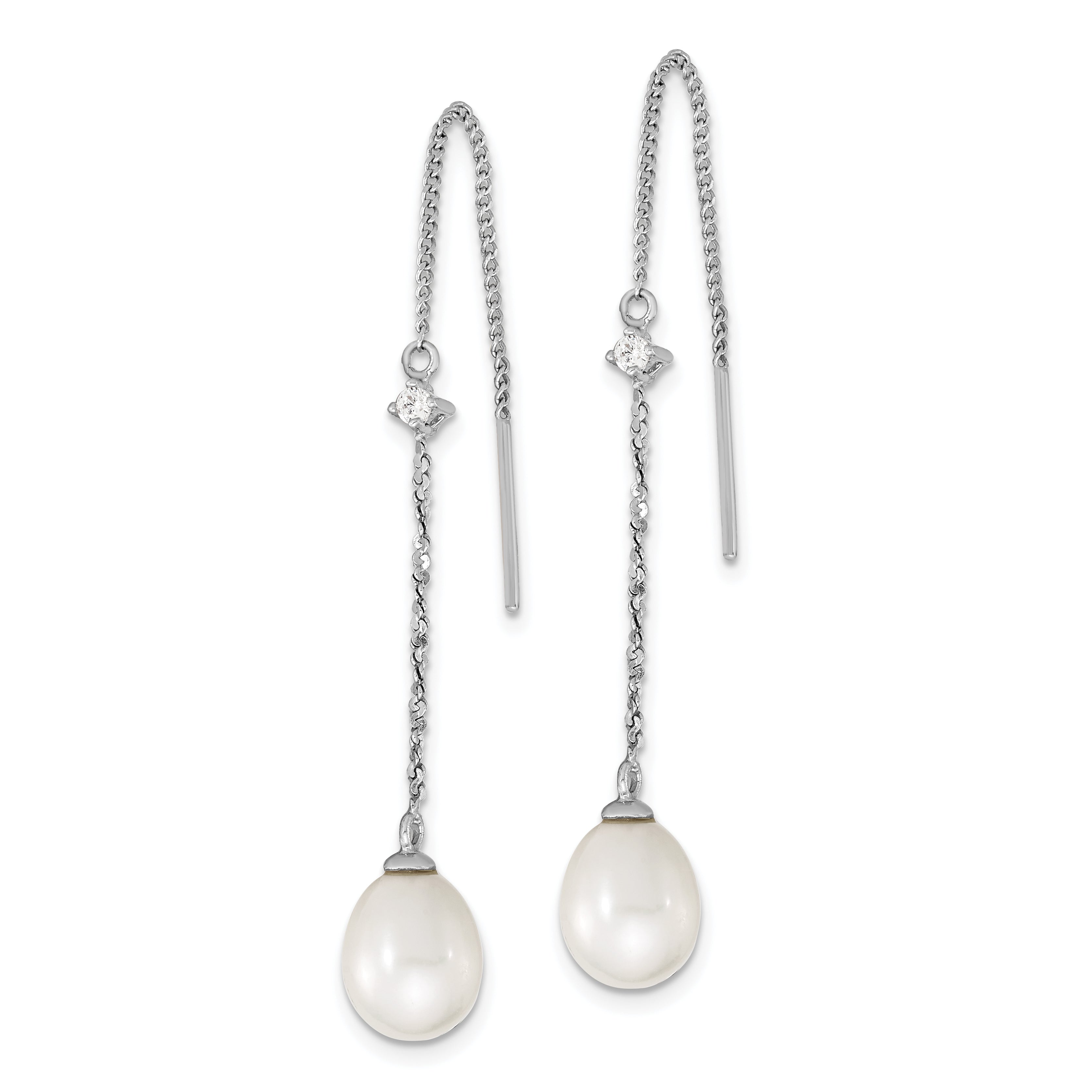 Sterling Silver Rhodium-plated 7-8mm White Teardrop Freshwater Cultured Pearl and CZ Threader Earrings