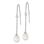 Sterling Silver Rhodium-plated 7-8mm White Teardrop Freshwater Cultured Pearl and CZ Threader Earrings