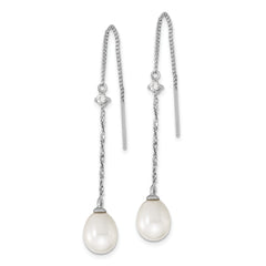 Sterling Silver Rhodium-plated 7-8mm White Teardrop Freshwater Cultured Pearl and CZ Threader Earrings