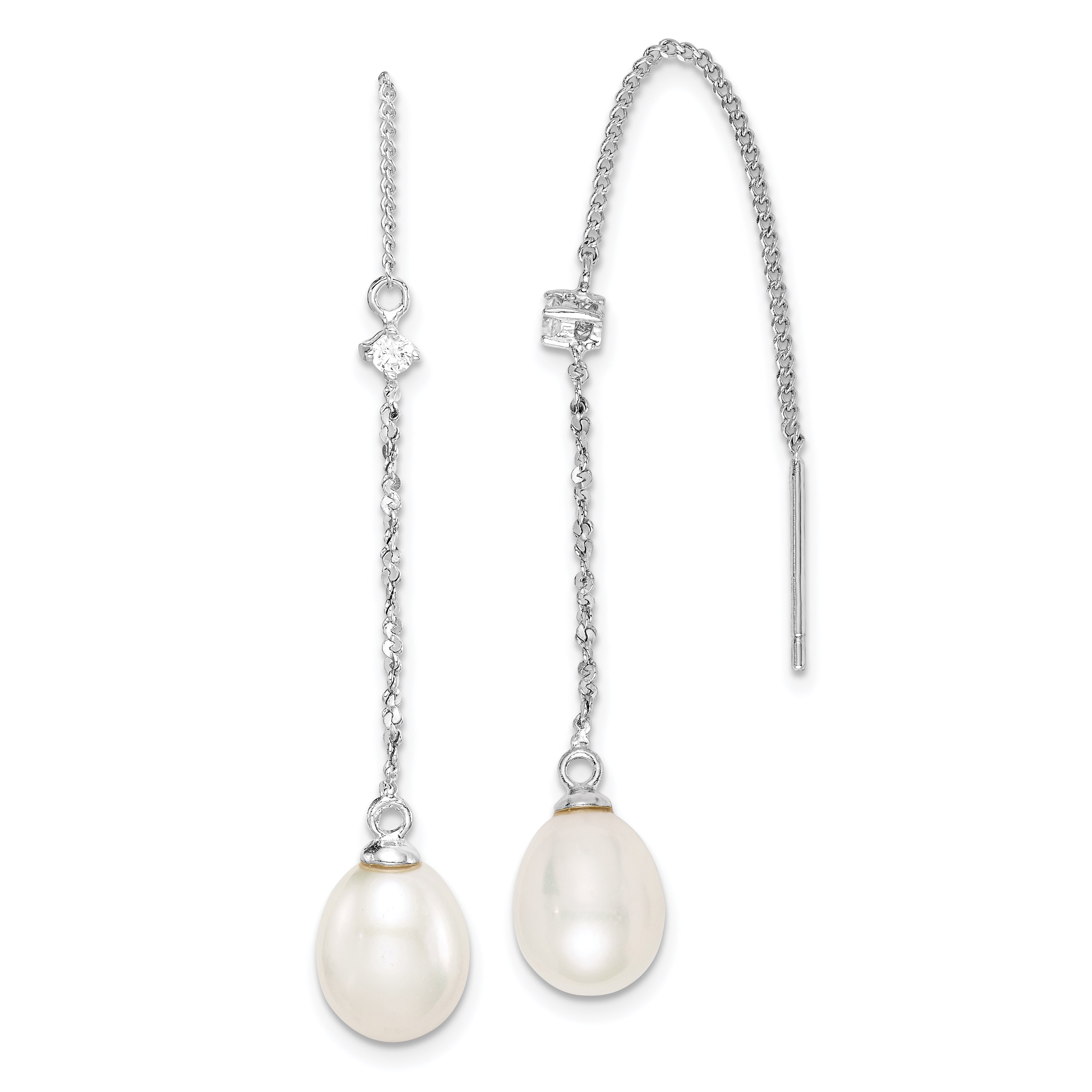 Sterling Silver Rhodium-plated 7-8mm White Teardrop Freshwater Cultured Pearl and CZ Threader Earrings Main image