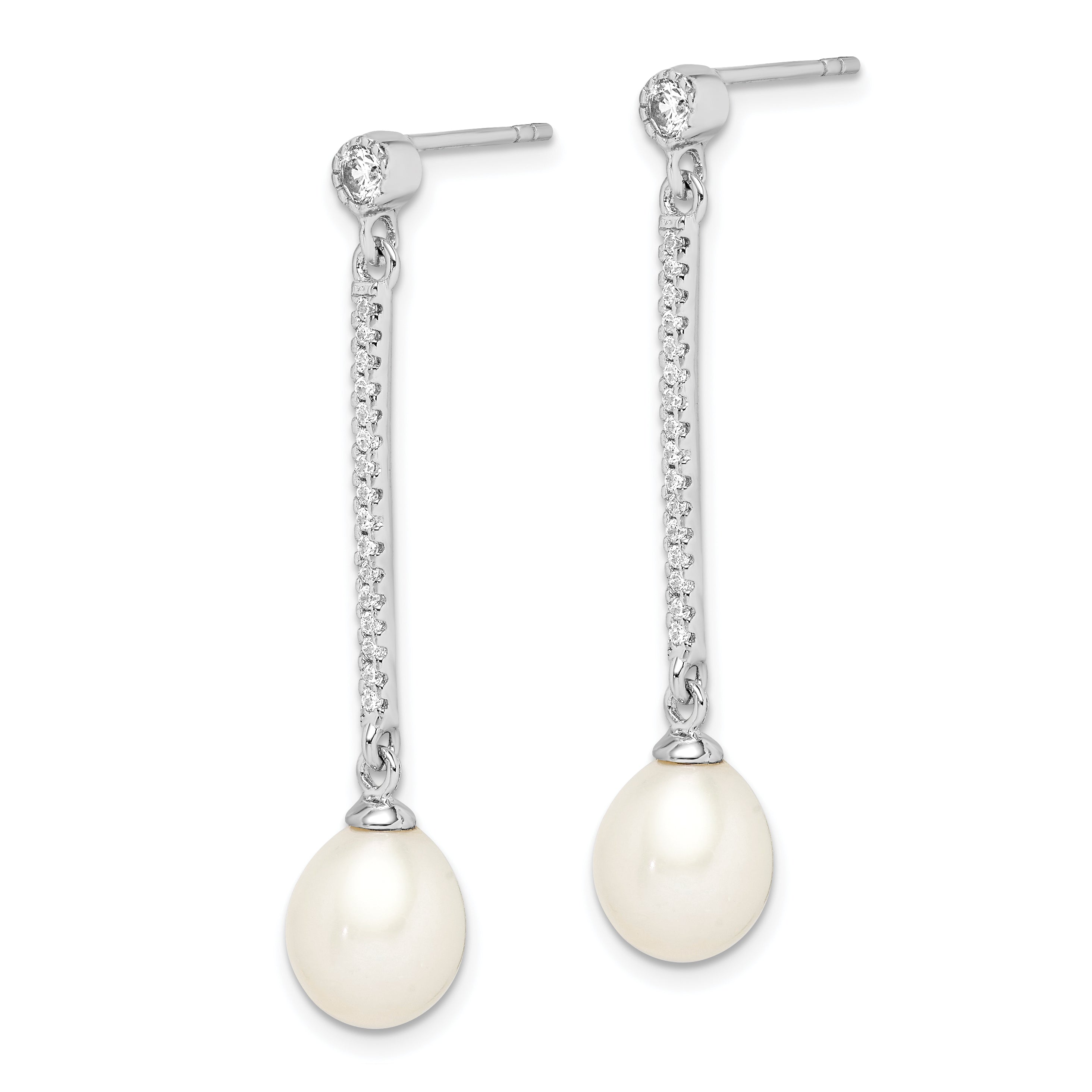 Sterling Silver Rhodium-plated 8-9mm White Rice Freshwater Cultured Pearl and CZ Post Dangle Earrings Secondary image