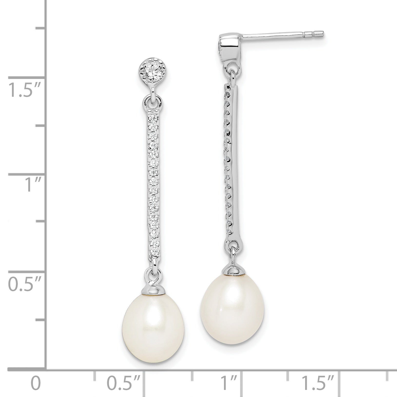 Sterling Silver Rhodium-plated 8-9mm White Rice Freshwater Cultured Pearl and CZ Post Dangle Earrings