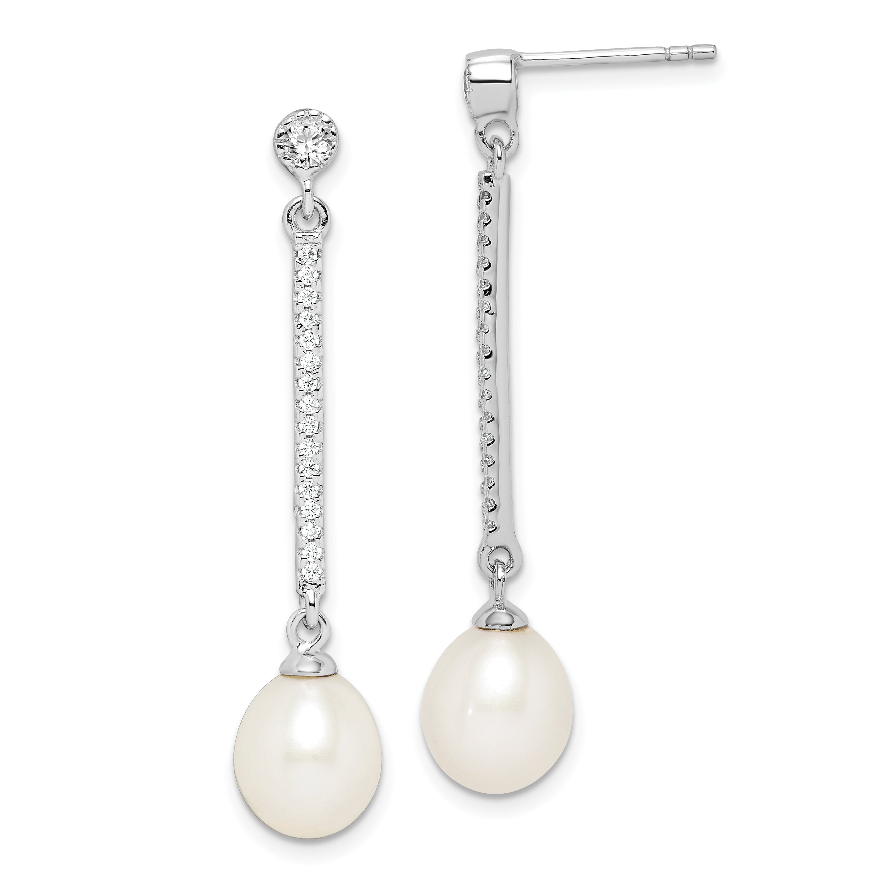 Sterling Silver Rhodium-plated 8-9mm White Rice Freshwater Cultured Pearl and CZ Post Dangle Earrings