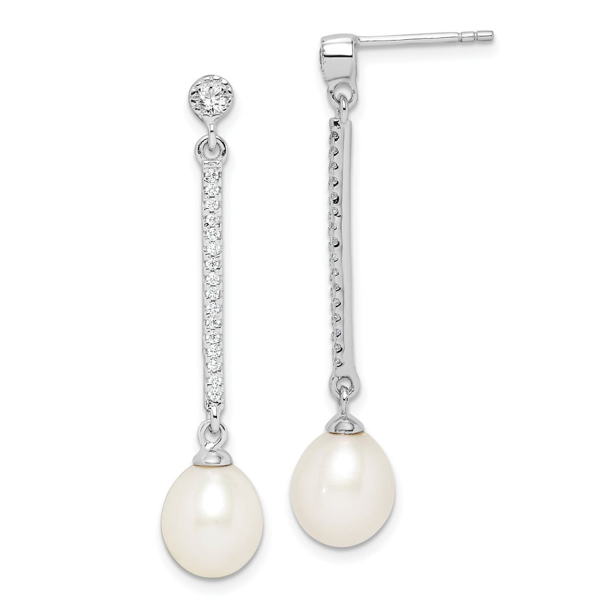 Sterling Silver Rhodium-plated 8-9mm White Rice Freshwater Cultured Pearl and CZ Post Dangle Earrings