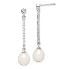 Sterling Silver Rhodium-plated 8-9mm White Rice Freshwater Cultured Pearl and CZ Post Dangle Earrings