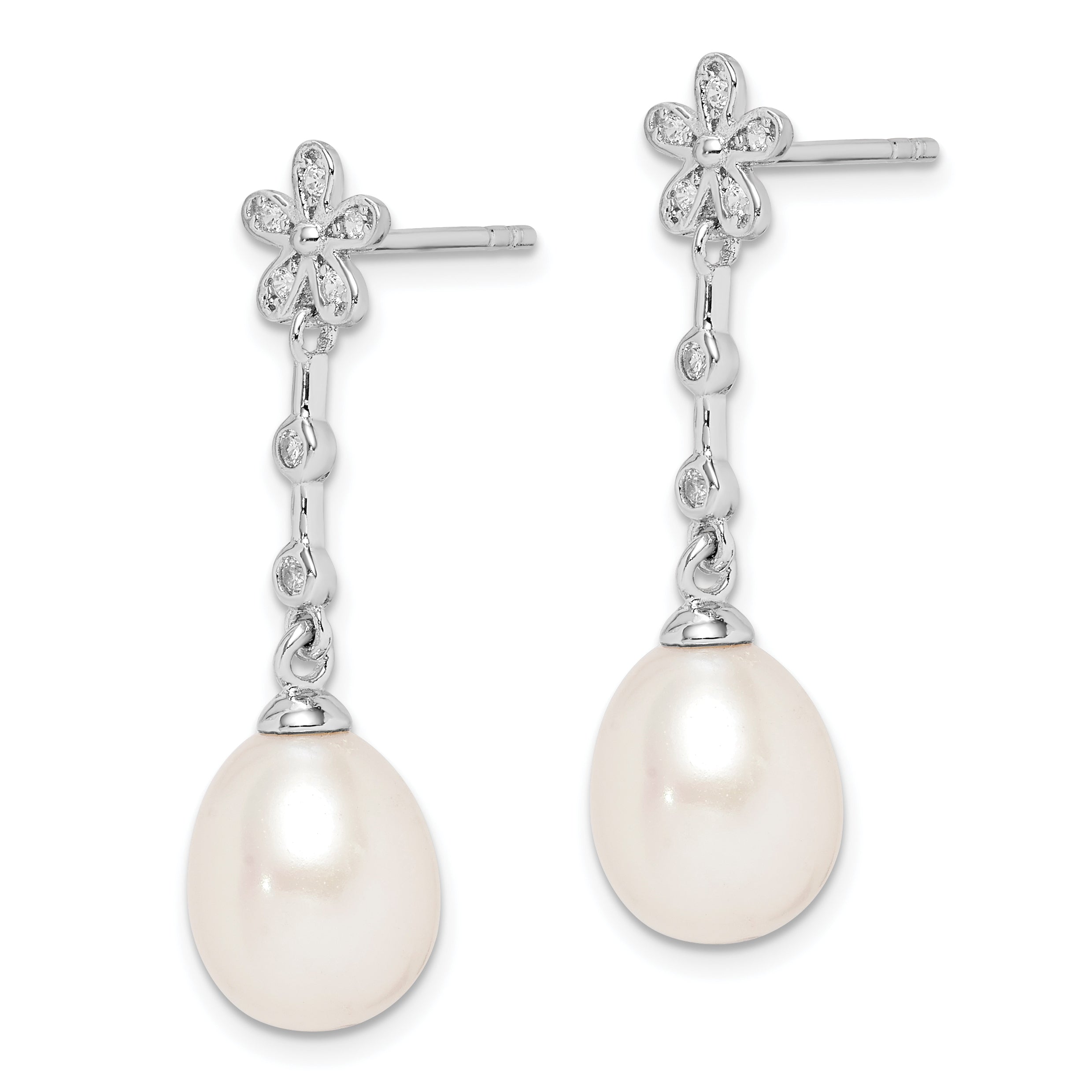 Sterling Silver Rhodium-plated 8-9mm White Rice Freshwater Cultured Pearl and CZ Flower Post Dangle Earrings Secondary image