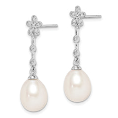 Sterling Silver Rhodium-plated 8-9mm White Rice Freshwater Cultured Pearl and CZ Flower Post Dangle Earrings