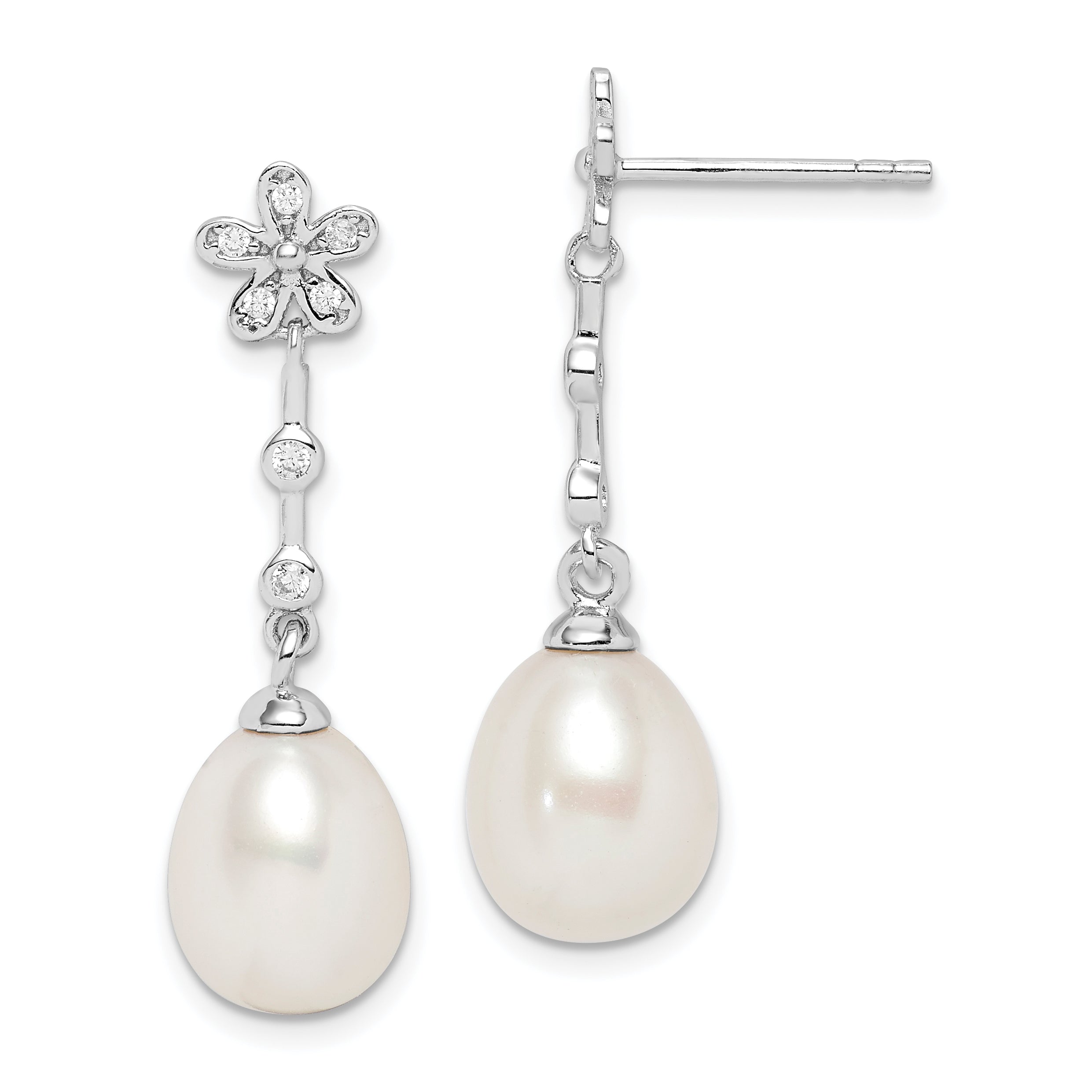 Sterling Silver Rhodium-plated 8-9mm White Rice Freshwater Cultured Pearl and CZ Flower Post Dangle Earrings