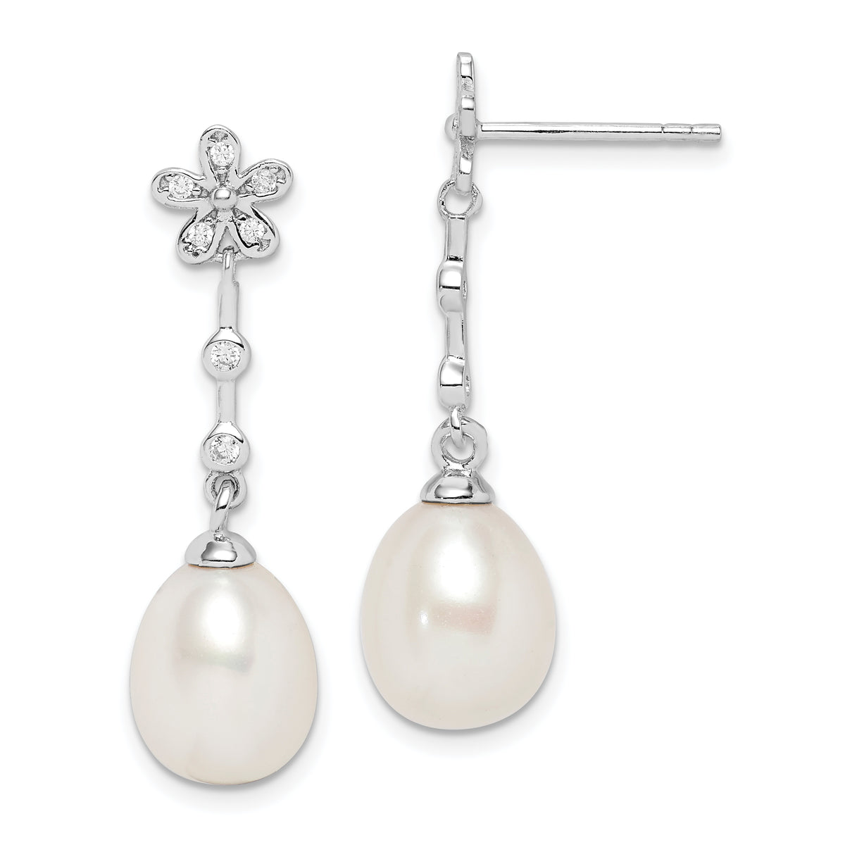 Sterling Silver Rhodium-plated 8-9mm White Rice Freshwater Cultured Pearl and CZ Flower Post Dangle Earrings