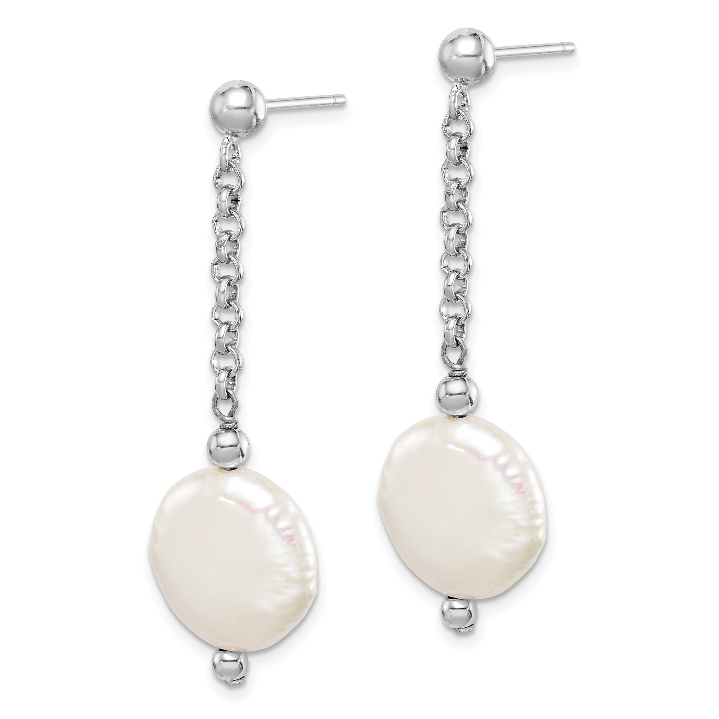 Sterling Silver Rhodium-plated 12-13mm White Coin Freshwater Cultured Pearl Post Dangle Earrings