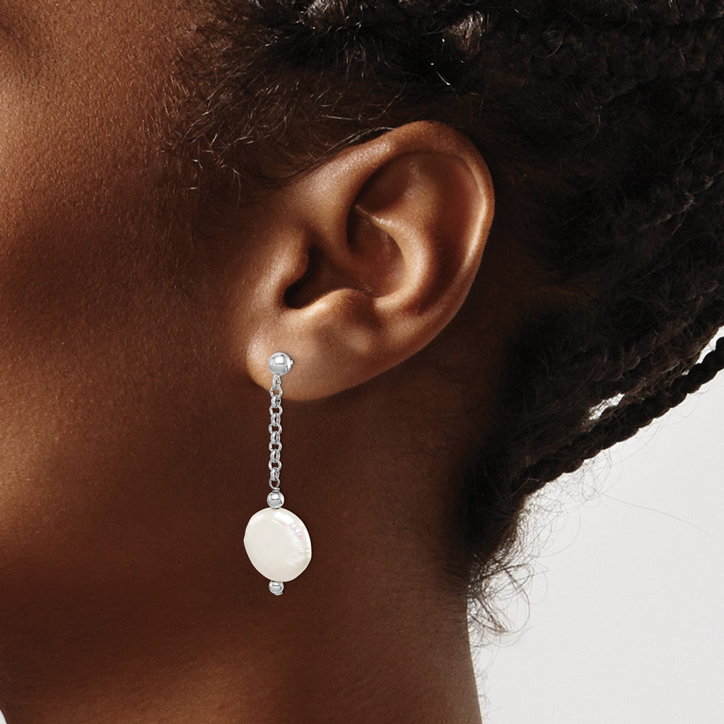 White Coin Freshwater Pearl Stud Dangle Earrings in Sterling Silver - Sophia Jewelers