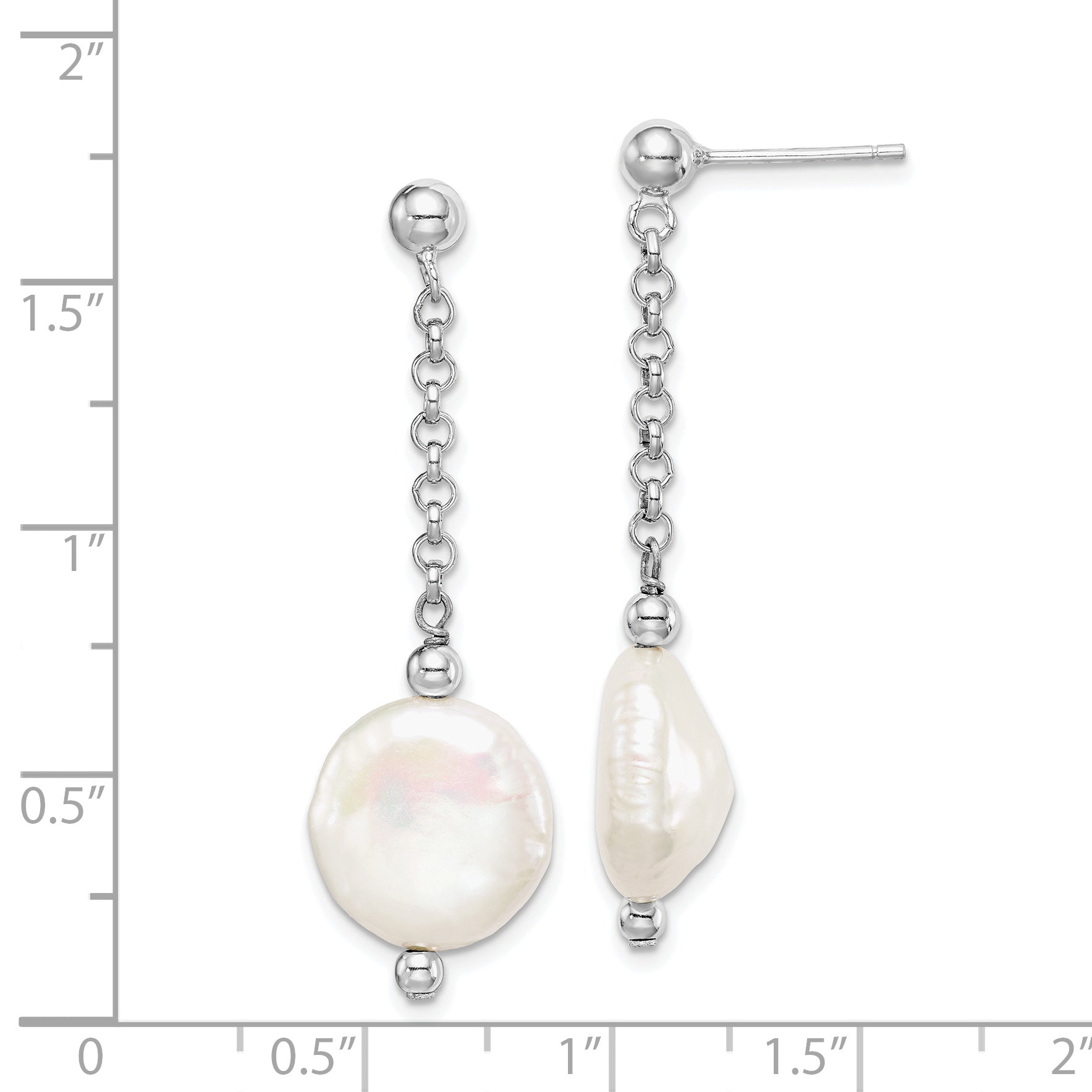 Sterling Silver Rhodium-plated 12-13mm White Coin Freshwater Cultured Pearl Post Dangle Earrings