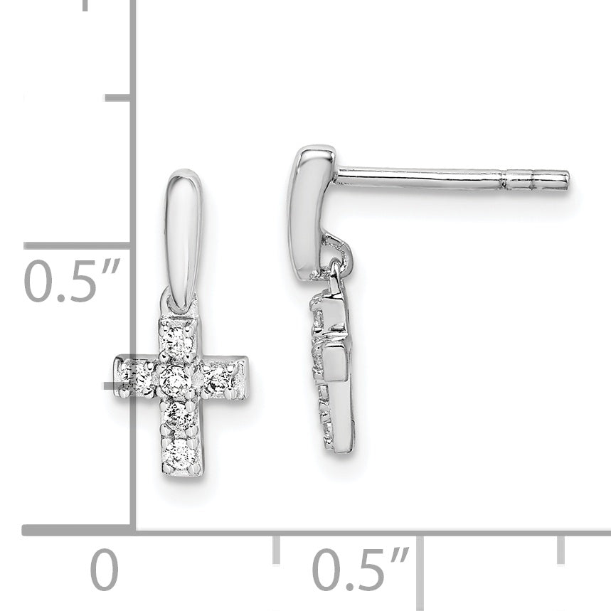 Sterling Silver Rhodium-plated Polished CZ Cross Post Dangle Earrings Secondary image