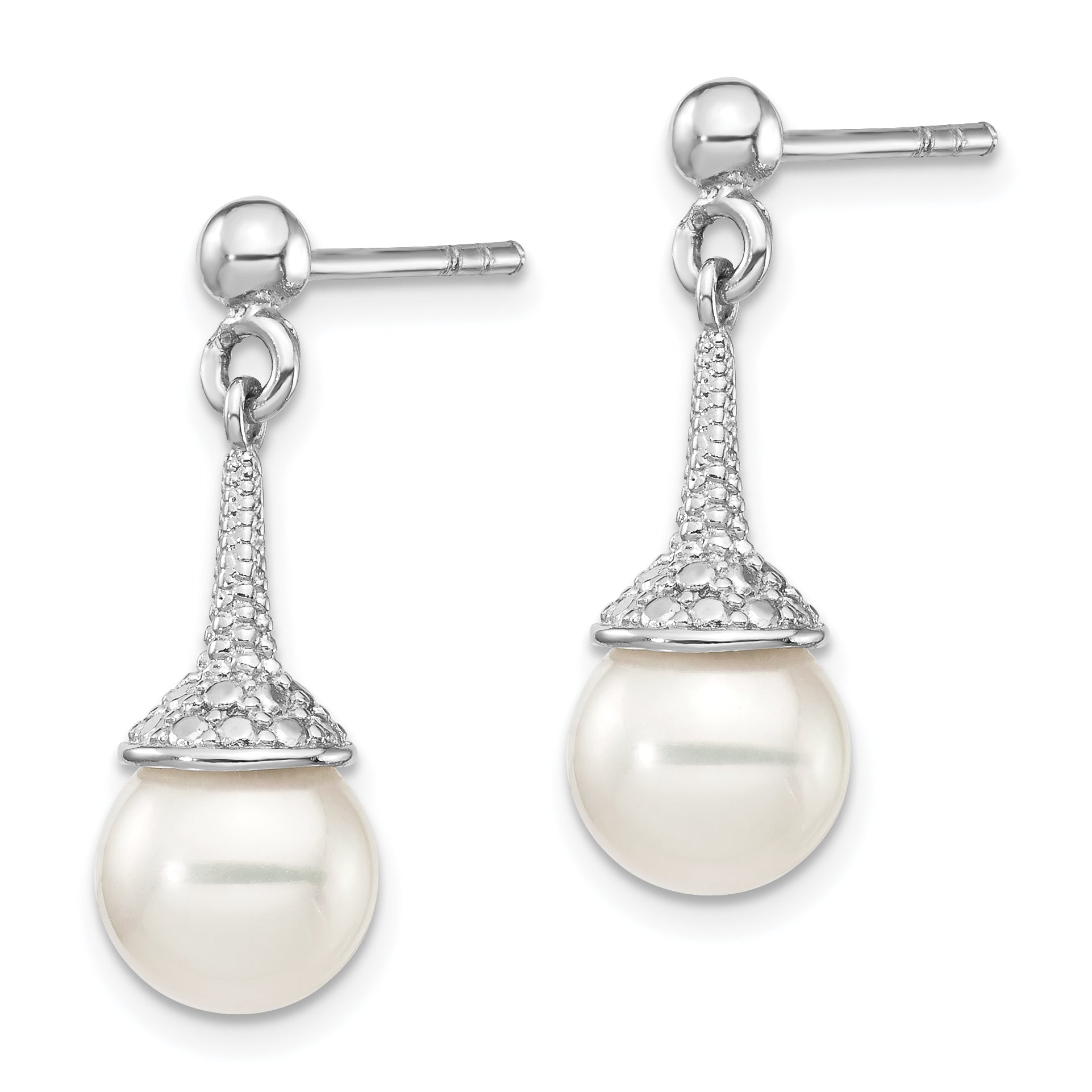 Sterling Silver Rhodium-plated CZ and Imitation Shell Pearl Dangle Earrings