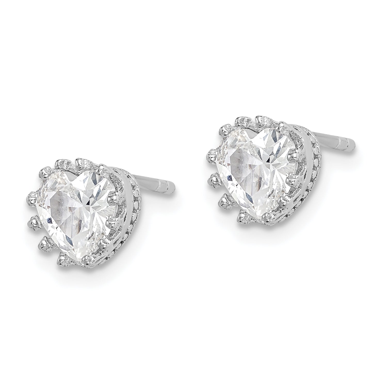 Sterling Silver RH-plated Polished & Textured 6mm Heart CZ Stud Earrings Secondary image
